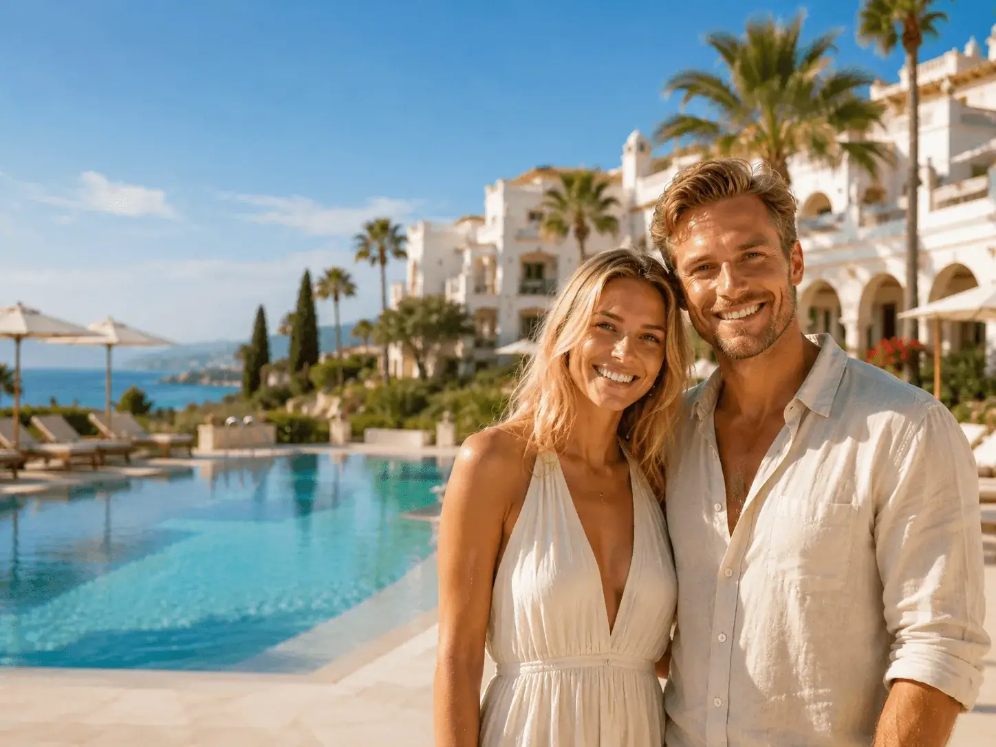 Paar genießt seinen Urlaub an einem mediterranen Resortpool