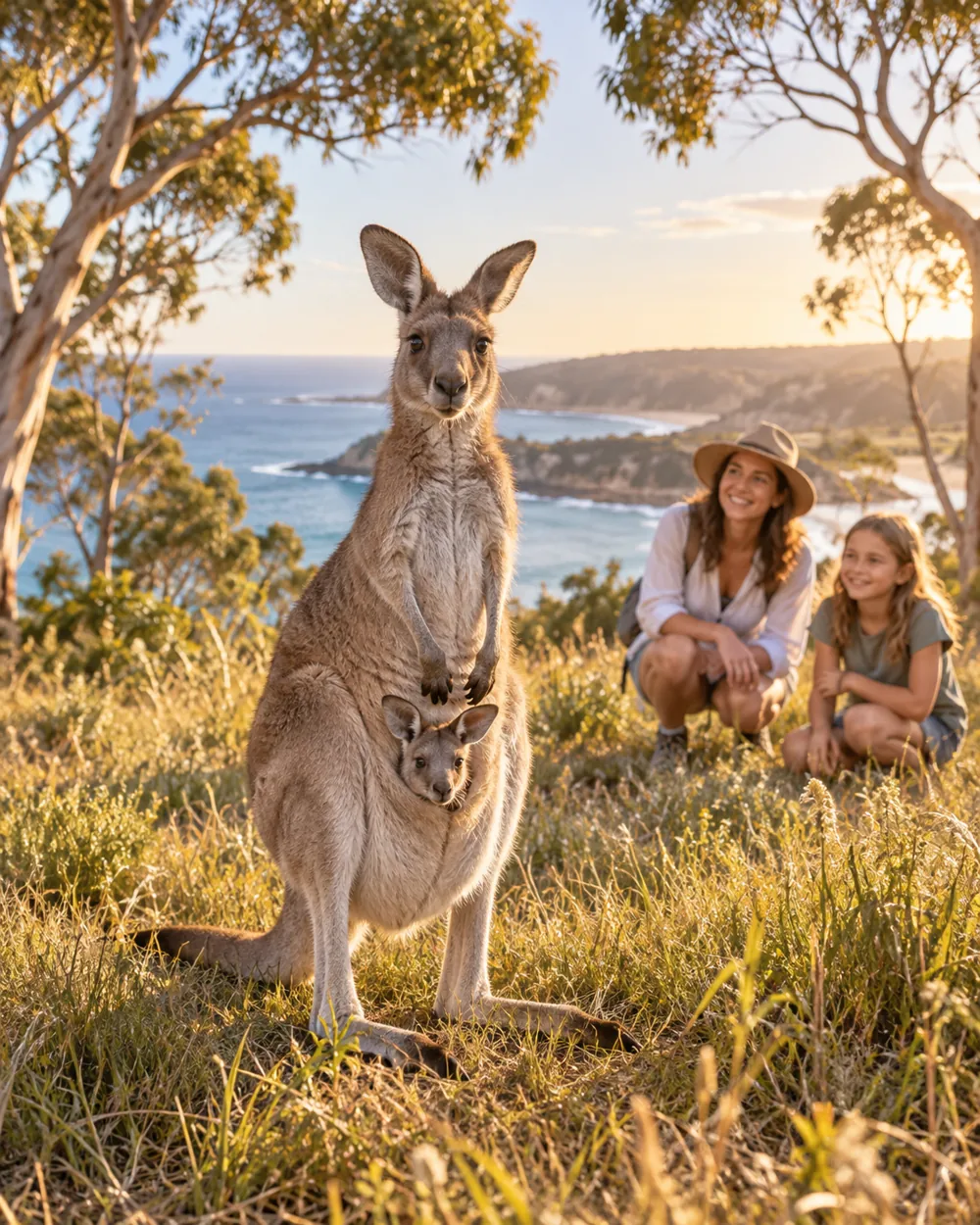 Kangaroo with joey on a sunny Australian coast, watched by mother and child – AI-generated travel inspiration