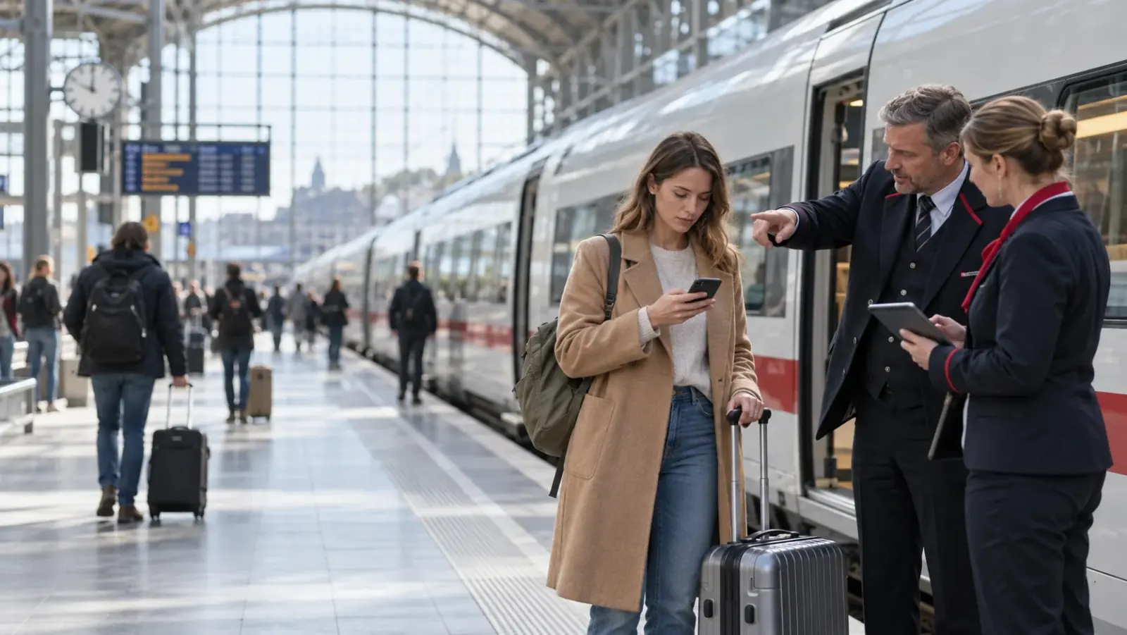 Reisende mit Koffer am Zug im Bahnhof