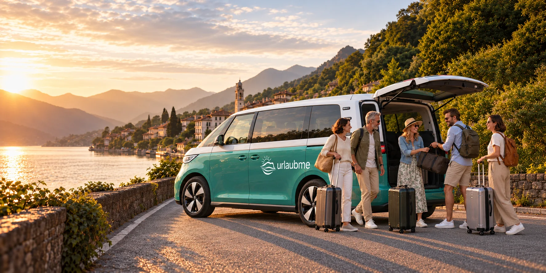 Entspannte Reisegruppe mit Gepäck neben einem deutlich sichtbaren grün-weißen urlaubme Volkswagen ID. Buzz an einem europäischen See