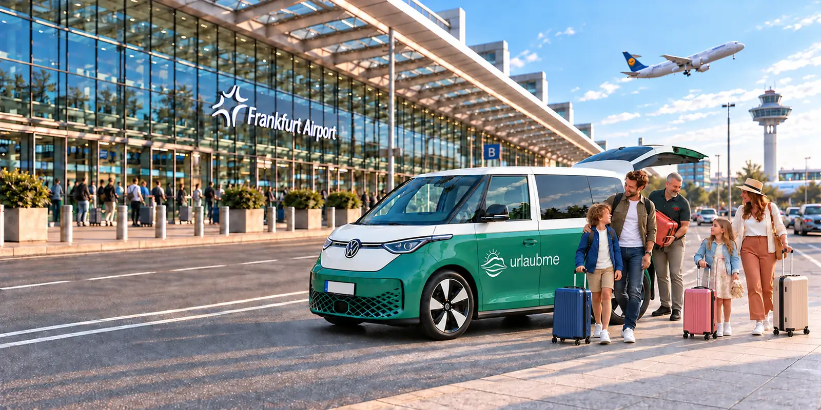 Familie mit aufrechten Rollkoffern am Flughafen Frankfurt neben dem grün-weißen urlaubme Volkswagen ID. Buzz mit sichtbarem Türspalt im Fahrzeugschriftzug und Transferfahrer mit korallrotem Koffer