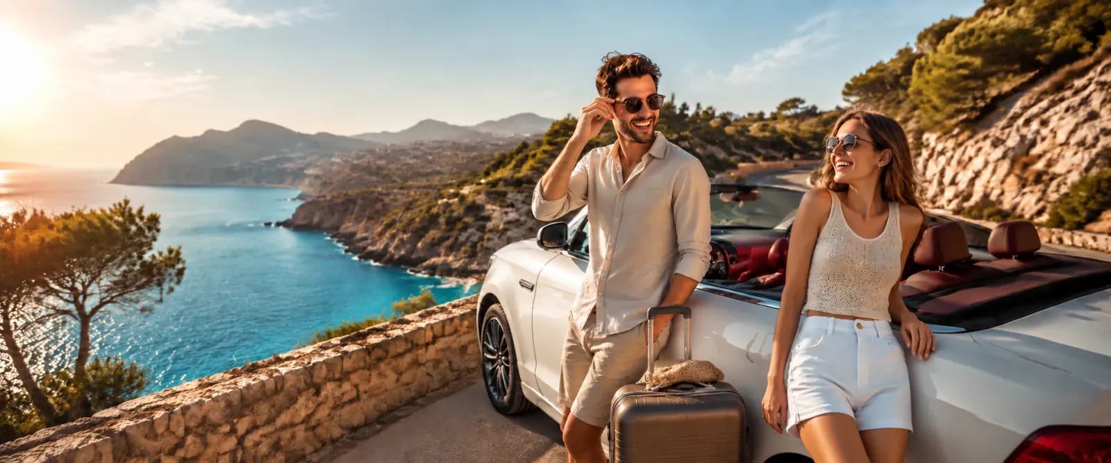 Lächelndes Paar am Cabrio auf einer sonnigen Küstenstraße